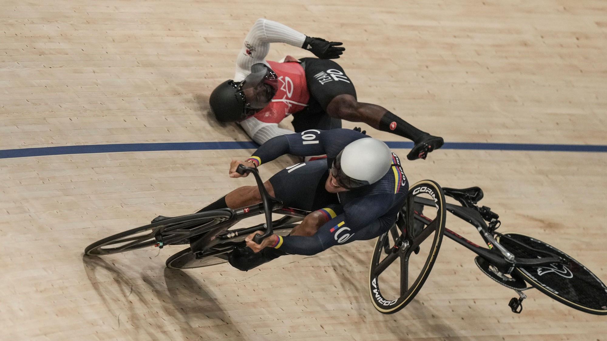 Kwesi Brown erwischte es im Bahnrad-Rennen bei Olympia am Samstag (10. August 2024) am schlimmsten.