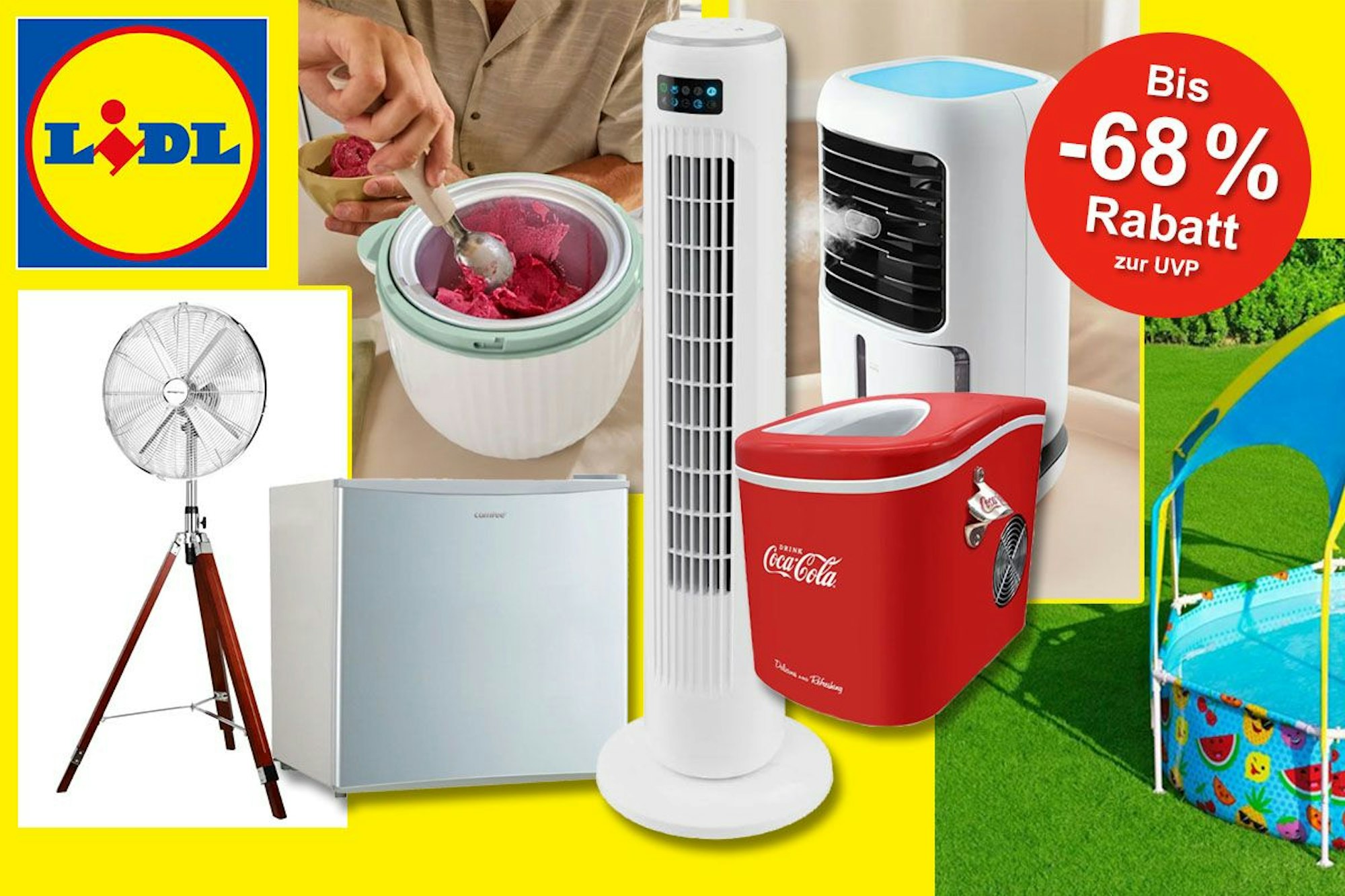 Kühlgeräte, Ventilatoren, Kühlschrank, Pool, Eismaschine von Bestway, Silvercrest, Comfee, Coca Cola im Lidl Sale.