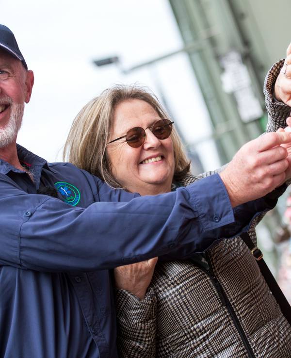 Der australische Special Effect Artist Robert „Bob“ McCarron alias Dr. Bob, bekannt aus der RTL-Show „Ich bin ein Star - Holt mich hier raus!“, und Ehefrau Annette Miles bringen am 30.07.2015 an der Hohenzollernbrücke in Köln (Nordrhein-Westfalen) ein Liebesschloss an.