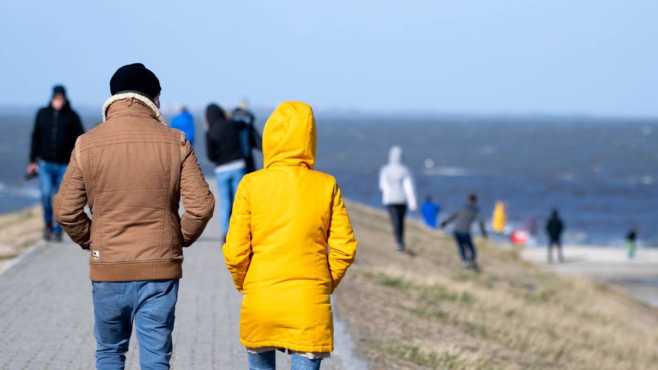 Touristen und Touristinnen gehen bei sonnigem Wetter auf einem Deich am Hafen entlang