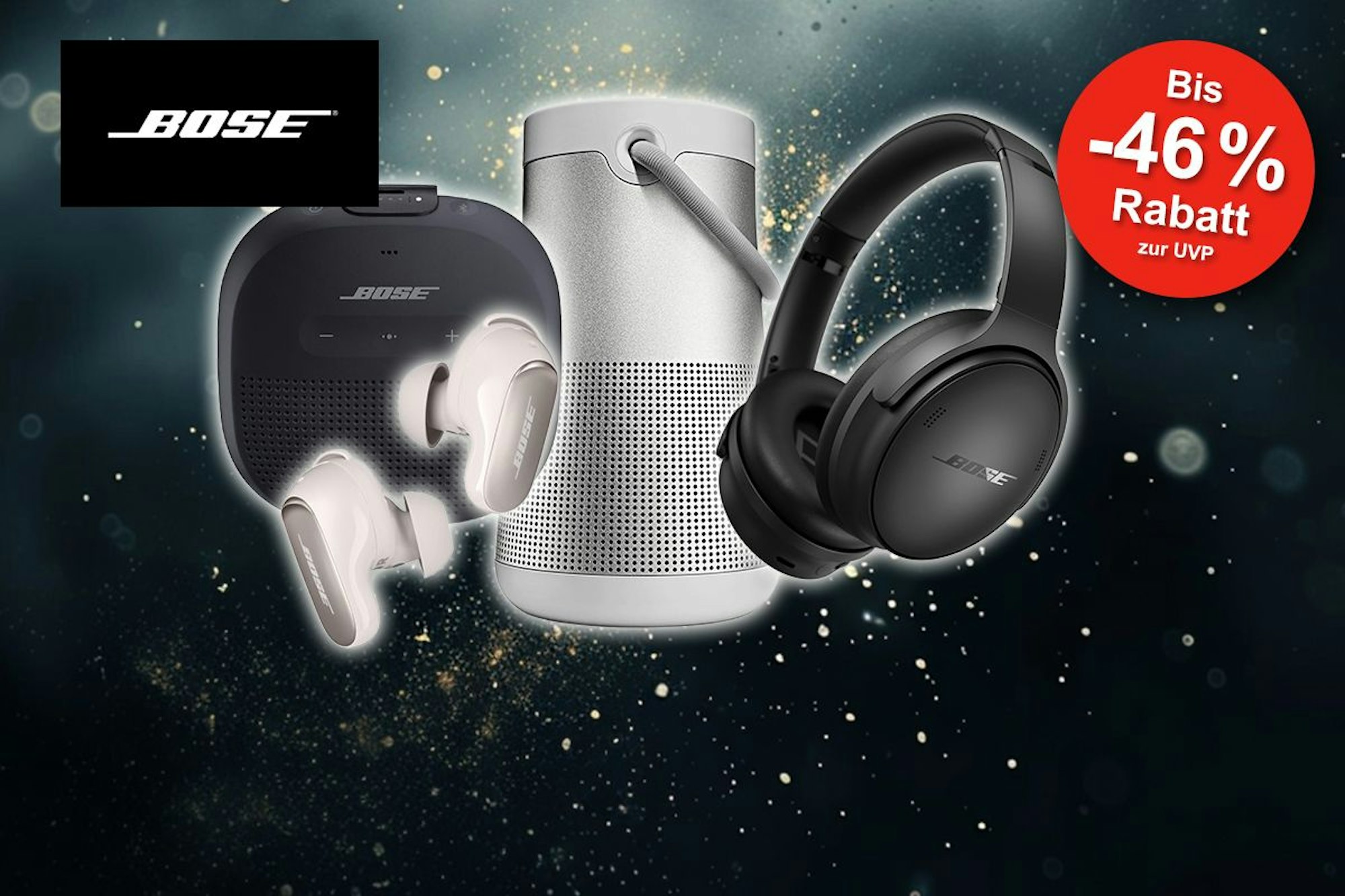Spare jetzt bis zu 46% auf kabellose Premium-Kopfhörer und Bluetooth Lautsprecher von Bose