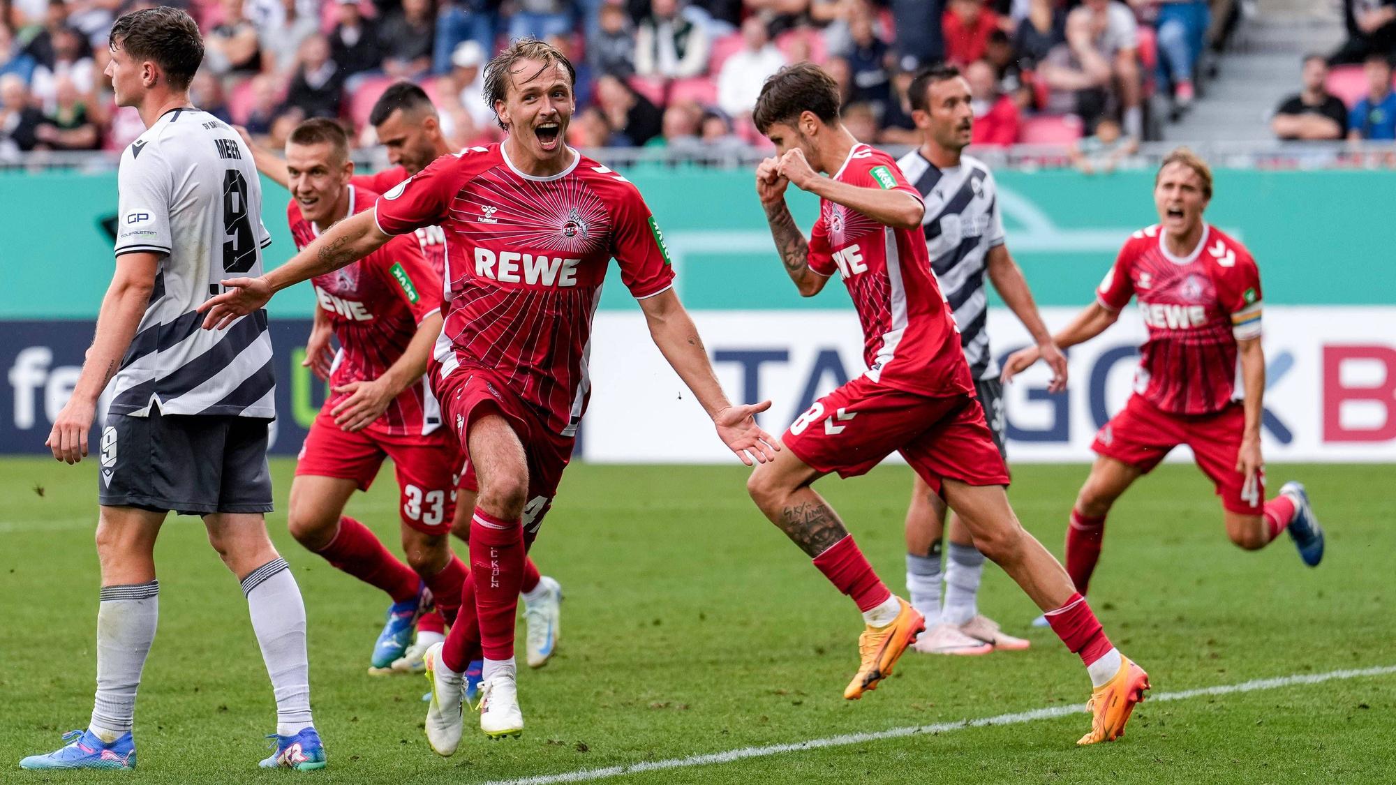 FC-Sechser Mathias Olesen bejubelt seinen Treffer zum 3:2 in der 116. Minute im Pokal-Drama am Sonntag (18. August 2024) gegen den SV Sandhausen.