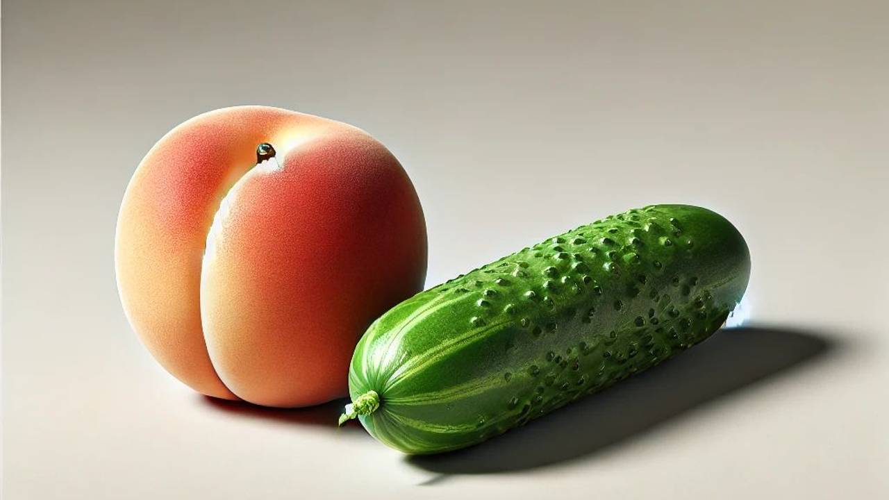 Ein frischer Pfirsich und eine knackige Gurke liegen nebeneinander