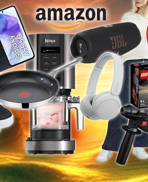 Viele verschiedene Produkte aus den Kategorien Mode, Technik, Haushalt und Spielzeug von Calvin Klein, Lego, Ninja, Tefal, Samsung, Adidas und Bosch Professional, die es im Amazon Sommerschlussverkauf mit Rabatt gibt. Vor einer Wiese im Sonnenuntergang angeordnet.