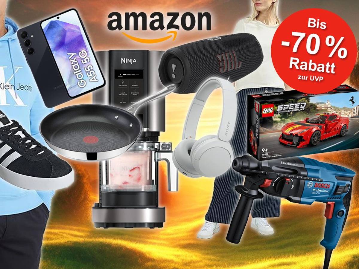 Viele verschiedene Produkte aus den Kategorien Mode, Technik, Haushalt und Spielzeug von Calvin Klein, Lego, Ninja, Tefal, Samsung, Adidas und Bosch Professional, die es im Amazon Sommerschlussverkauf mit Rabatt gibt. Vor einer Wiese im Sonnenuntergang angeordnet.