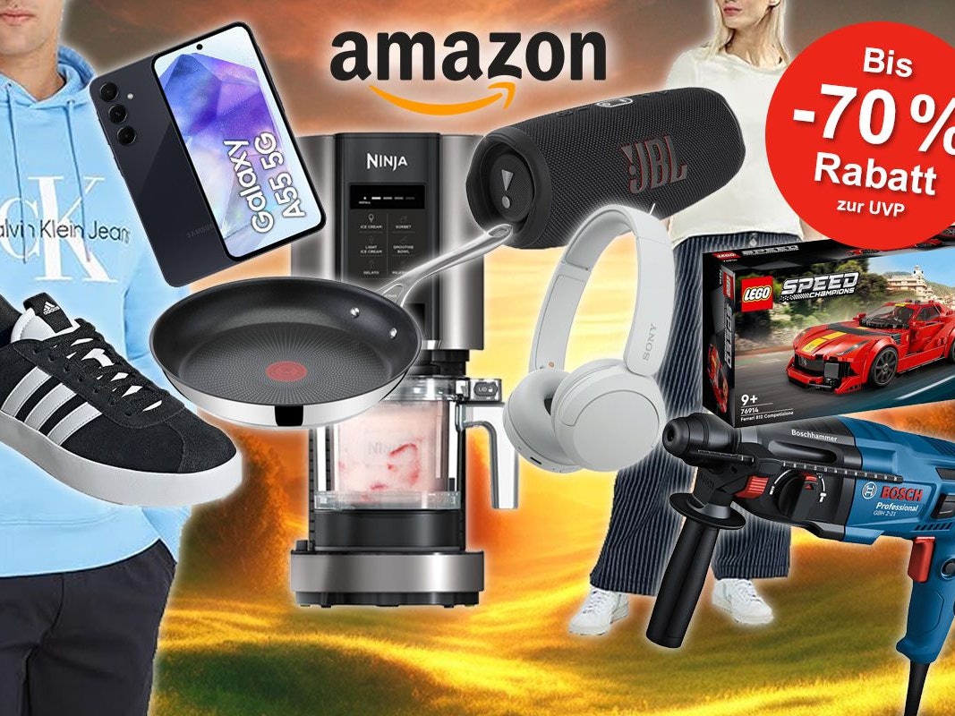 Viele verschiedene Produkte aus den Kategorien Mode, Technik, Haushalt und Spielzeug von Calvin Klein, Lego, Ninja, Tefal, Samsung, Adidas und Bosch Professional, die es im Amazon Sommerschlussverkauf mit Rabatt gibt. Vor einer Wiese im Sonnenuntergang angeordnet.