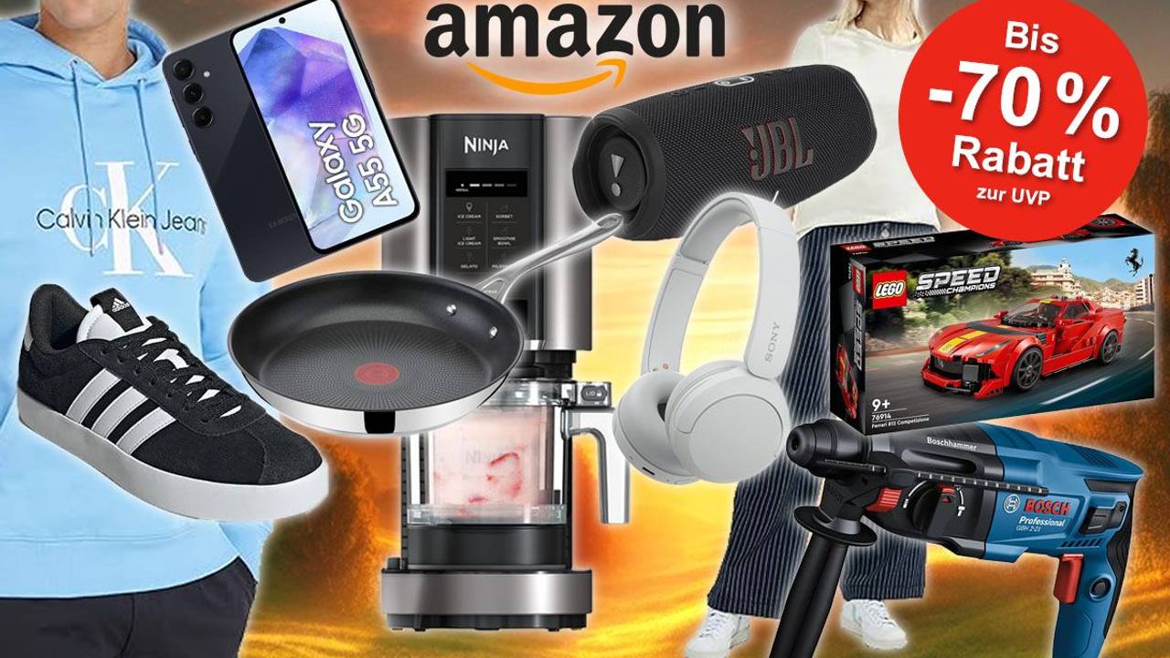 Viele verschiedene Produkte aus den Kategorien Mode, Technik, Haushalt und Spielzeug von Calvin Klein, Lego, Ninja, Tefal, Samsung, Adidas und Bosch Professional, die es im Amazon Sommerschlussverkauf mit Rabatt gibt. Vor einer Wiese im Sonnenuntergang angeordnet.
