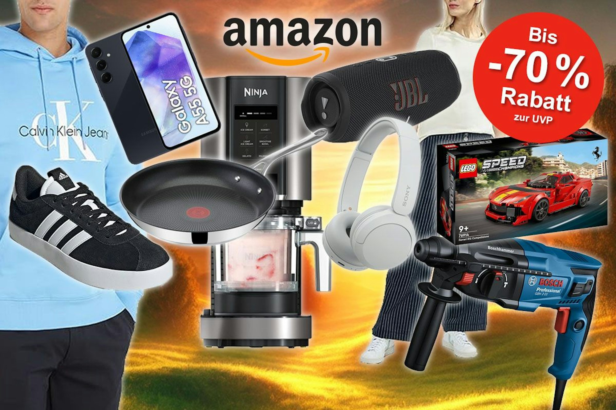 Viele verschiedene Produkte aus den Kategorien Mode, Technik, Haushalt und Spielzeug von Calvin Klein, Lego, Ninja, Tefal, Samsung, Adidas und Bosch Professional, die es im Amazon Sommerschlussverkauf mit Rabatt gibt. Vor einer Wiese im Sonnenuntergang angeordnet.