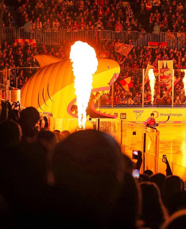 Die Spieler der Kölner Haie stürmen in der Lanxess-Arena vor einem DEL-Spiel aufs Eis.