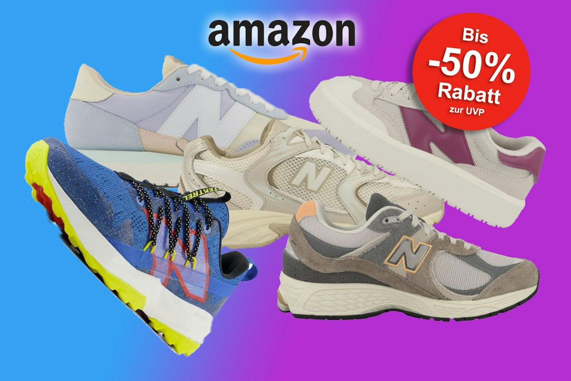 Auf dem Bild sind unterschiedliche Modelle in verschiedenen Farben von New Balance zu sehen.