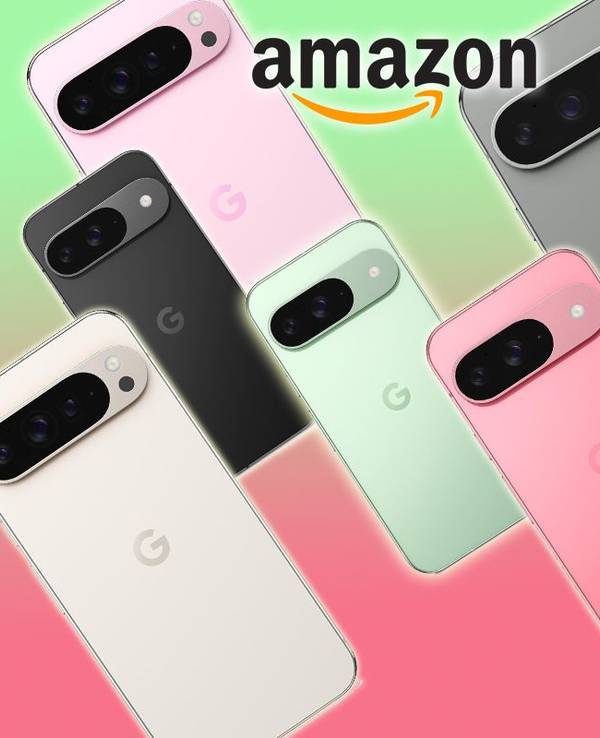 Verschiedene Farben des Google Pixel 9 und des Google Pixel 9 Pro vor pink-grünem Hintergrund angeordnet!