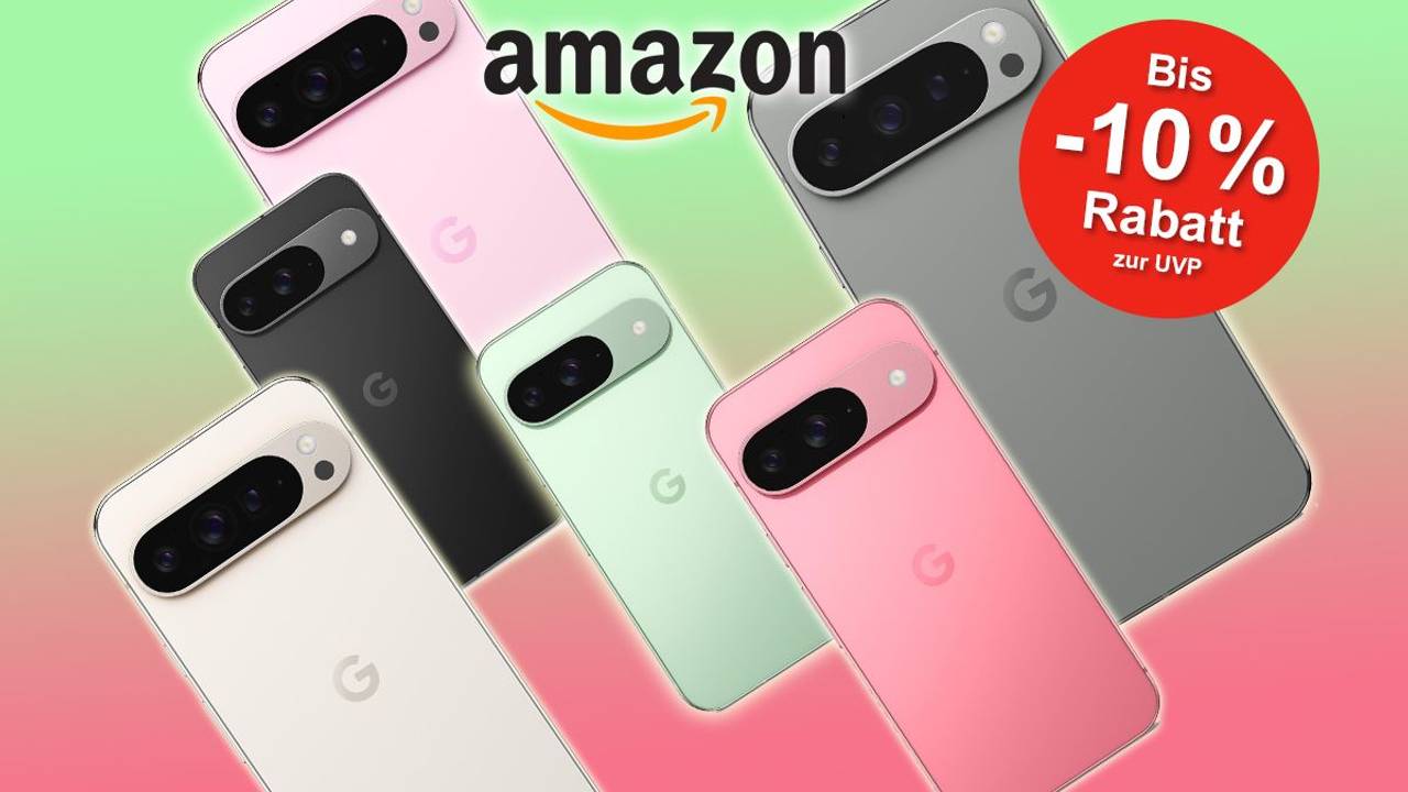 Verschiedene Farben des Google Pixel 9 und des Google Pixel 9 Pro vor pink-grünem Hintergrund angeordnet!
