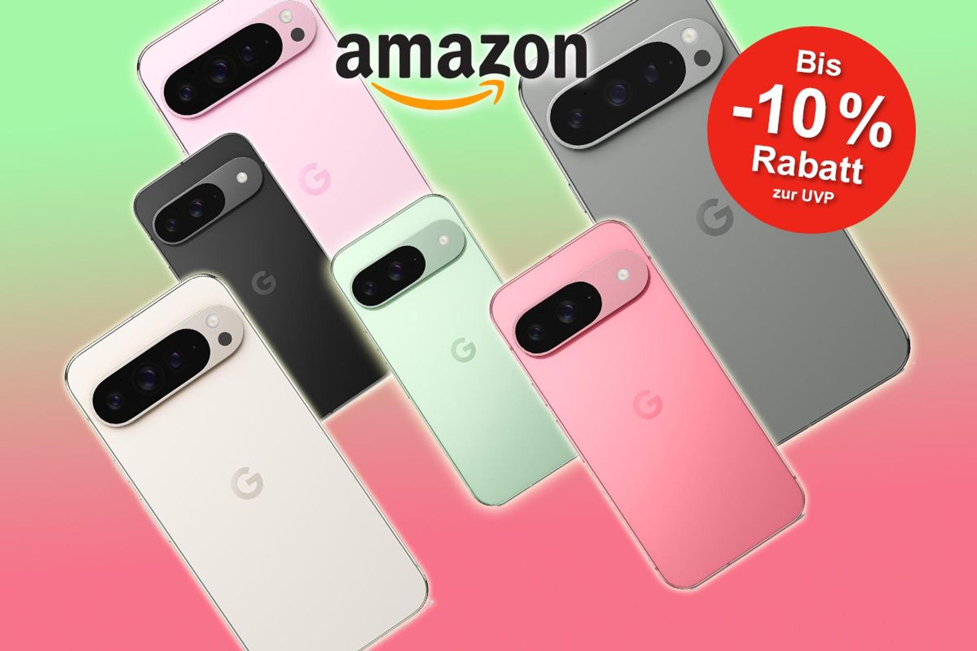 Verschiedene Farben des Google Pixel 9 und des Google Pixel 9 Pro vor pink-grünem Hintergrund angeordnet!