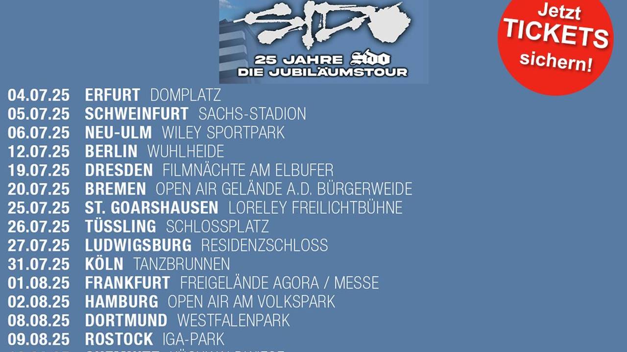 Termine der SIDO Jubiläumstour 2025 vor einem blauen Hintergrund