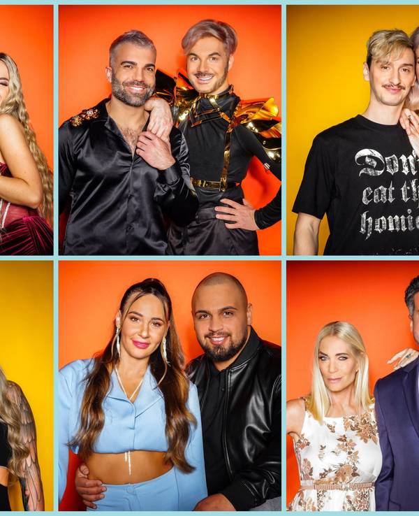 Das Foto zeigt die Teilnehmenden des „Sommerhaus der Stars“ 2024: (oben, v.l.n.r.) Influencer Umut Tekin und Emma Fernlund, Rafi Rachek und Reality-Icon Sam Dylan, Model und Influencerin Tessa Bergmeier und Freund Jakob, Vanessa Schmitt und Raúl Richter (unten, v.l.n.r.): Freund Michael und Reality-Personality Gloria Glumac, TV-Sternchen Alessia Herren und Partner Can, Designerin Sarah Kern und Tobias Pankow, Model Theresia Fischer und Stefan Kleiser.