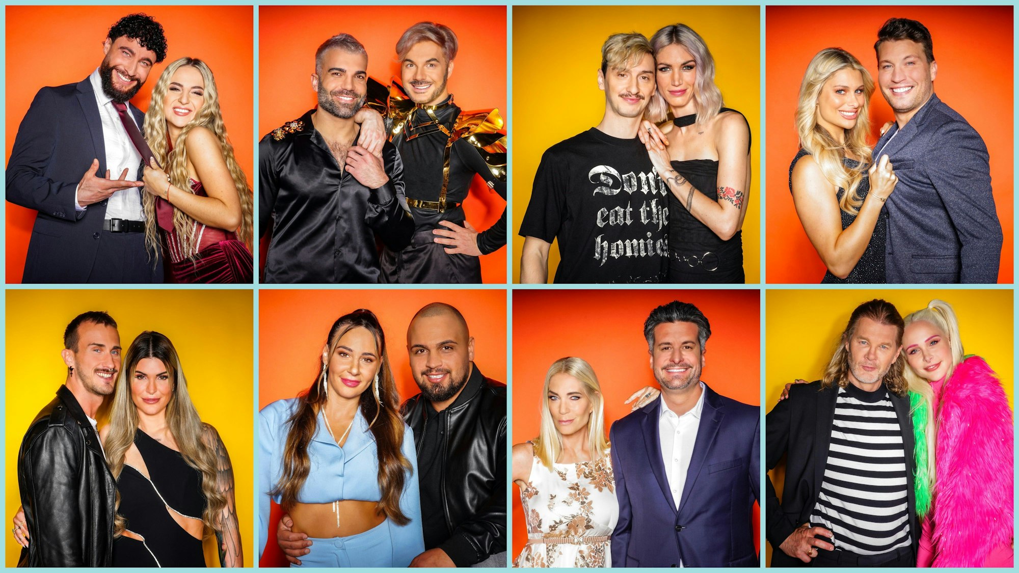 Das Foto zeigt die Teilnehmenden des „Sommerhaus der Stars“ 2024: (oben, v.l.n.r.) Influencer Umut Tekin und Emma Fernlund, Rafi Rachek und Reality-Icon Sam Dylan, Model und Influencerin Tessa Bergmeier und Freund Jakob, Vanessa Schmitt und Raúl Richter (unten, v.l.n.r.): Freund Michael und Reality-Personality Gloria Glumac, TV-Sternchen Alessia Herren und Partner Can, Designerin Sarah Kern und Tobias Pankow, Model Theresia Fischer und Stefan Kleiser.