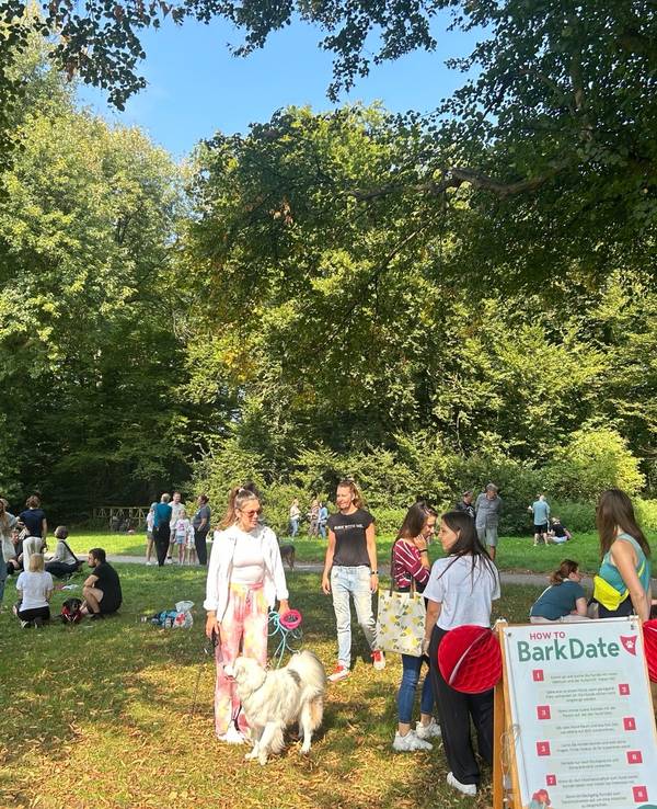 Vier Frauen sitzen auf einer Wiese um einen Hund herum.