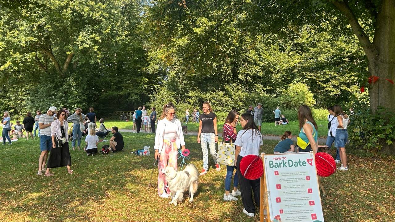 Vier Frauen sitzen auf einer Wiese um einen Hund herum.