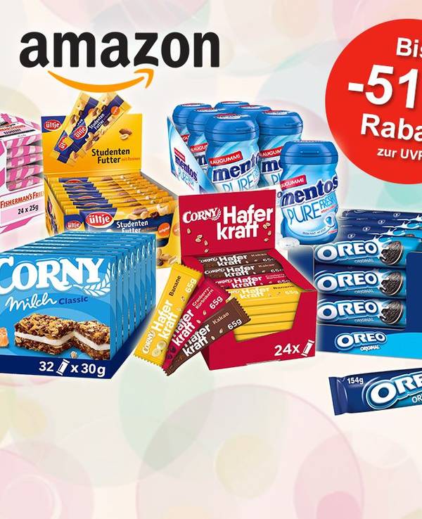 Vorteilspakete von M&M, Corny, Oreo, Ültje, mentos und mehr vor einem bunten Hintergrund mit Kreisen