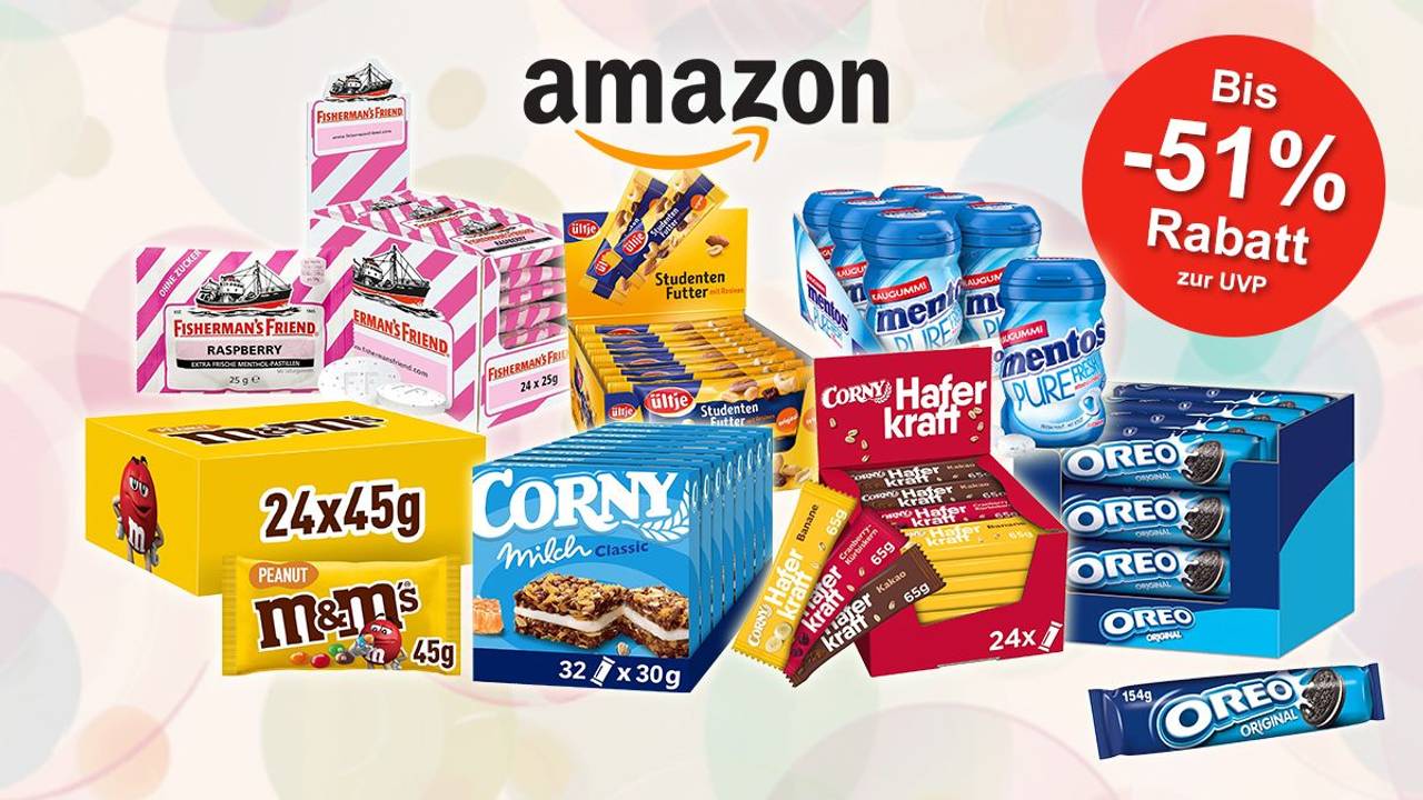 Vorteilspakete von M&M, Corny, Oreo, Ültje, mentos und mehr vor einem bunten Hintergrund mit Kreisen