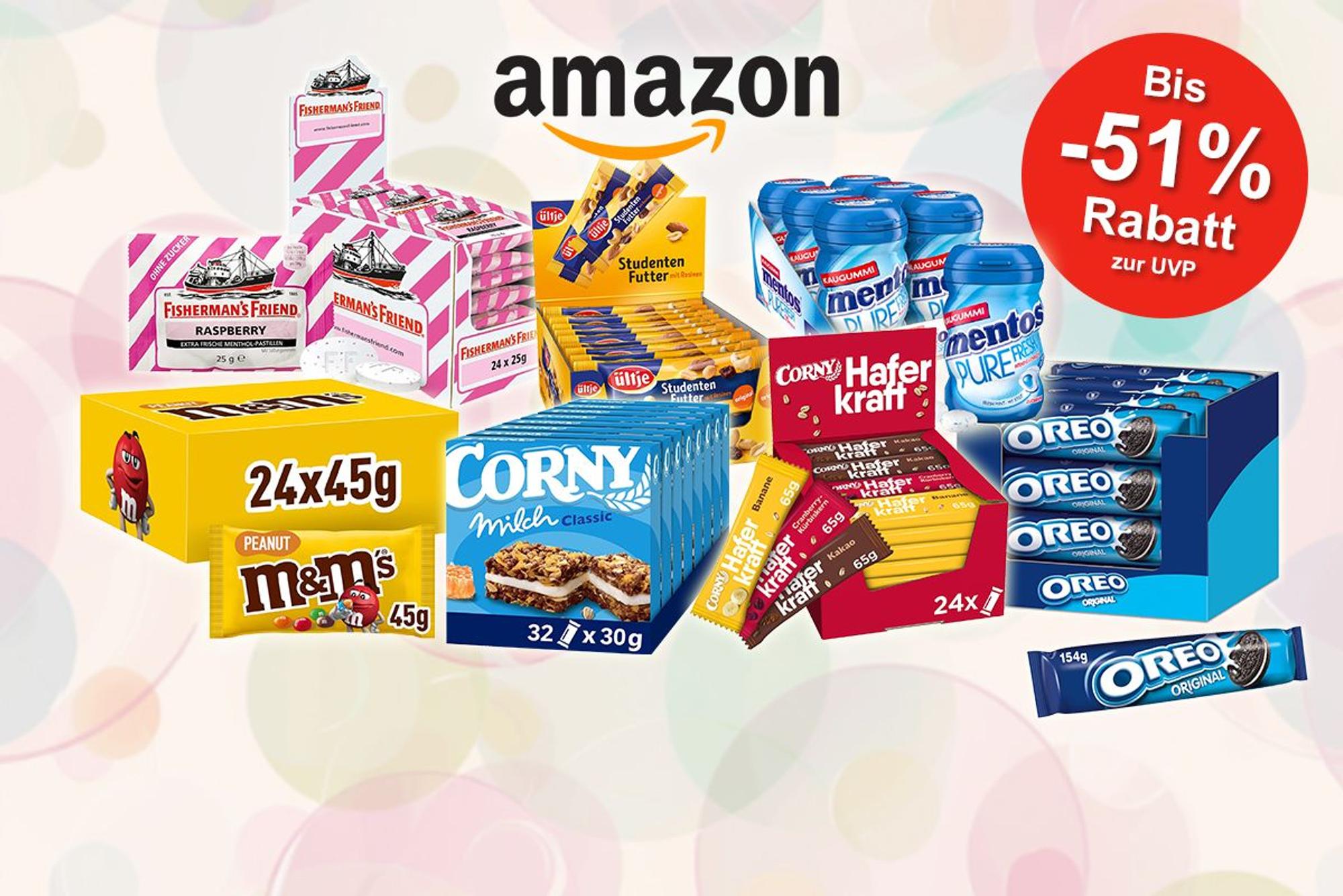 Vorteilspakete von M&M, Corny, Oreo, Ültje, mentos und mehr vor einem bunten Hintergrund mit Kreisen