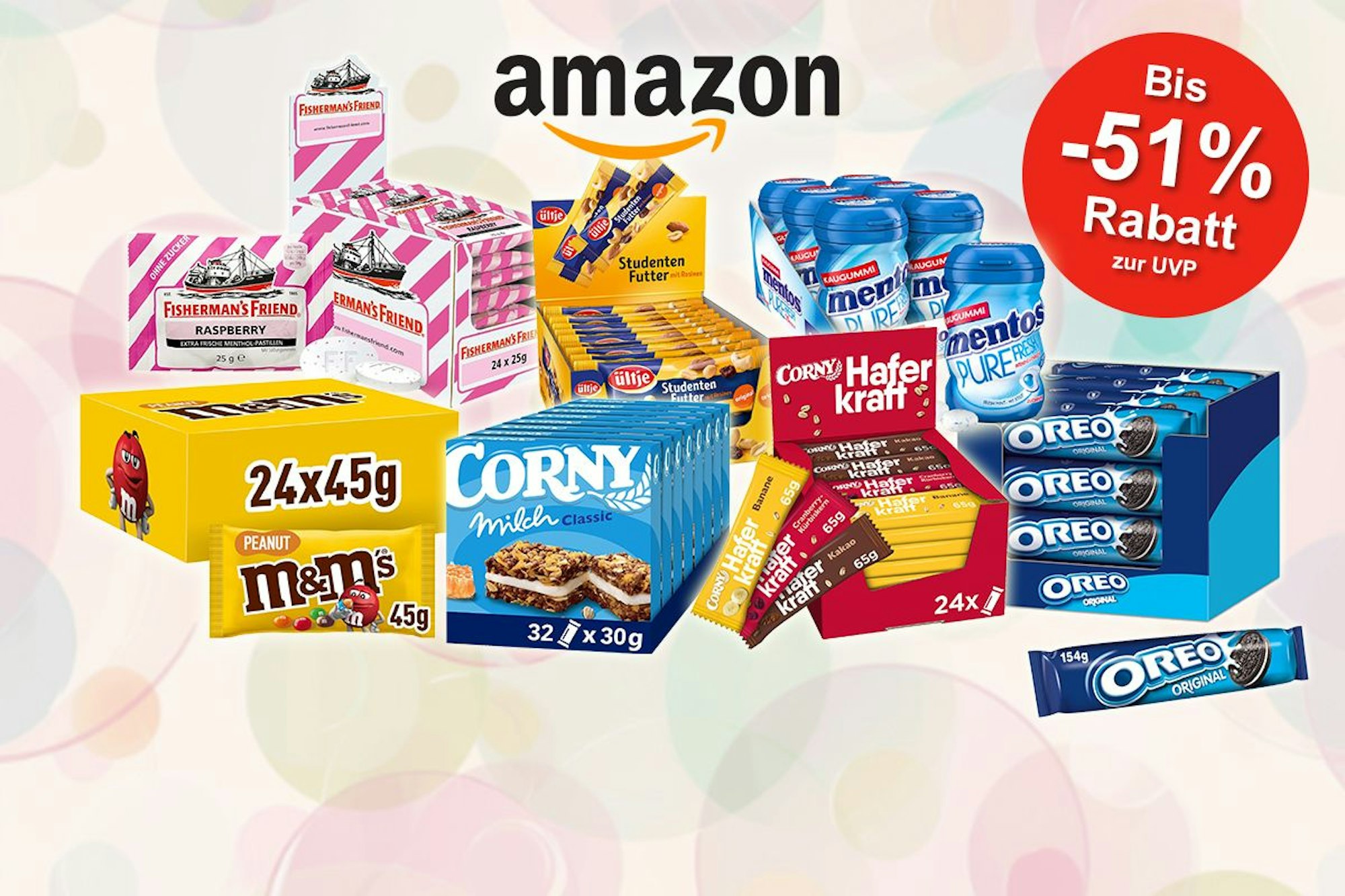 Vorteilspakete von M&M, Corny, Oreo, Ültje, mentos und mehr vor einem bunten Hintergrund mit Kreisen