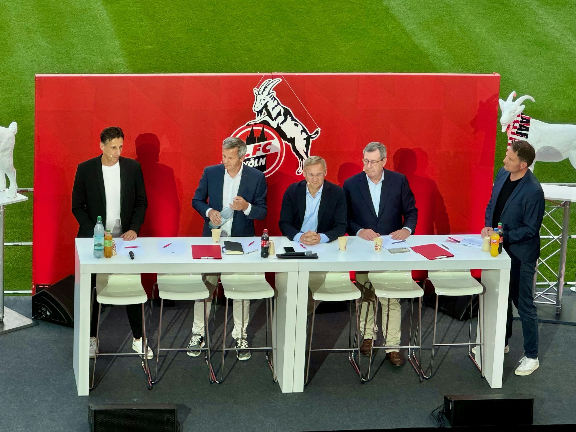 Von links: Geschäftsführer Sport Christian Keller, der kaufmännische Geschäftsführer Philipp Türoff, Vizepräsident Eckhard Sauren, Präsident Werner Wolf und Moderator Thomas Wagner beim Mitgliederstammtisch des 1. FC Köln am 3. September 2024.