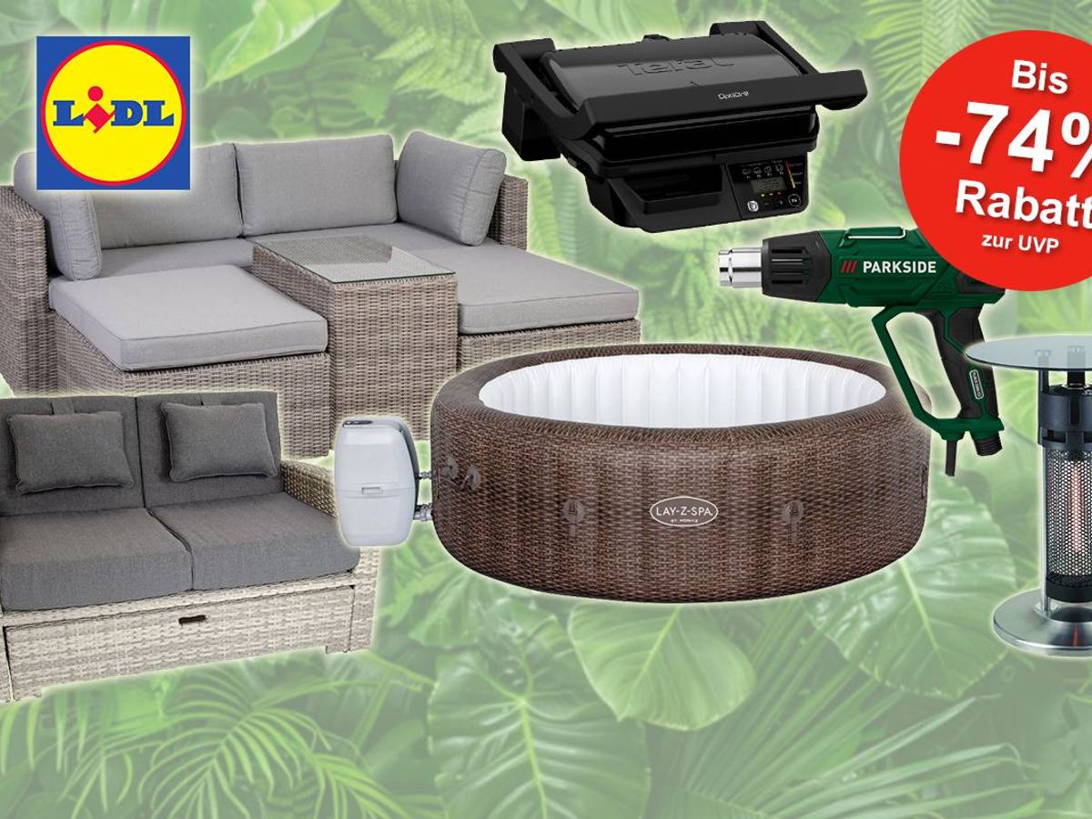 LIDL Garten und Balkon Artikel wie Gartenmöbel, Pool, Werkzeug, Grill und Heizstrahler vor einem Hintergrund aus Blättern angeordnet.