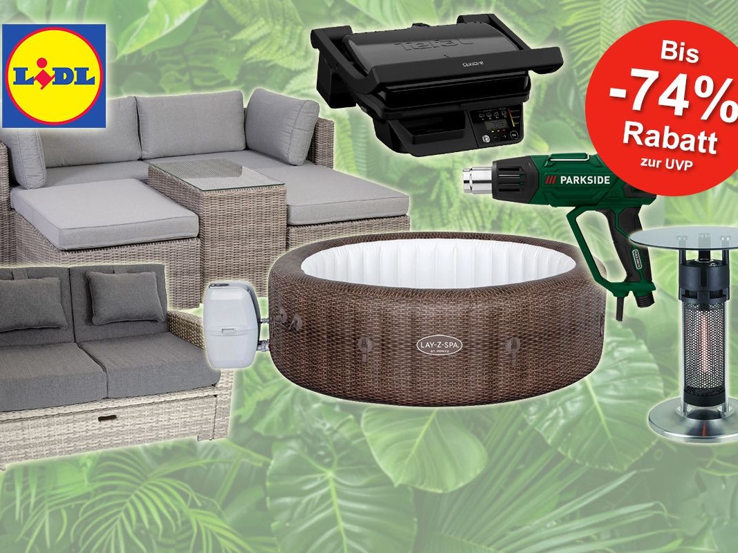 LIDL Garten und Balkon Artikel wie Gartenmöbel, Pool, Werkzeug, Grill und Heizstrahler vor einem Hintergrund aus Blättern angeordnet.