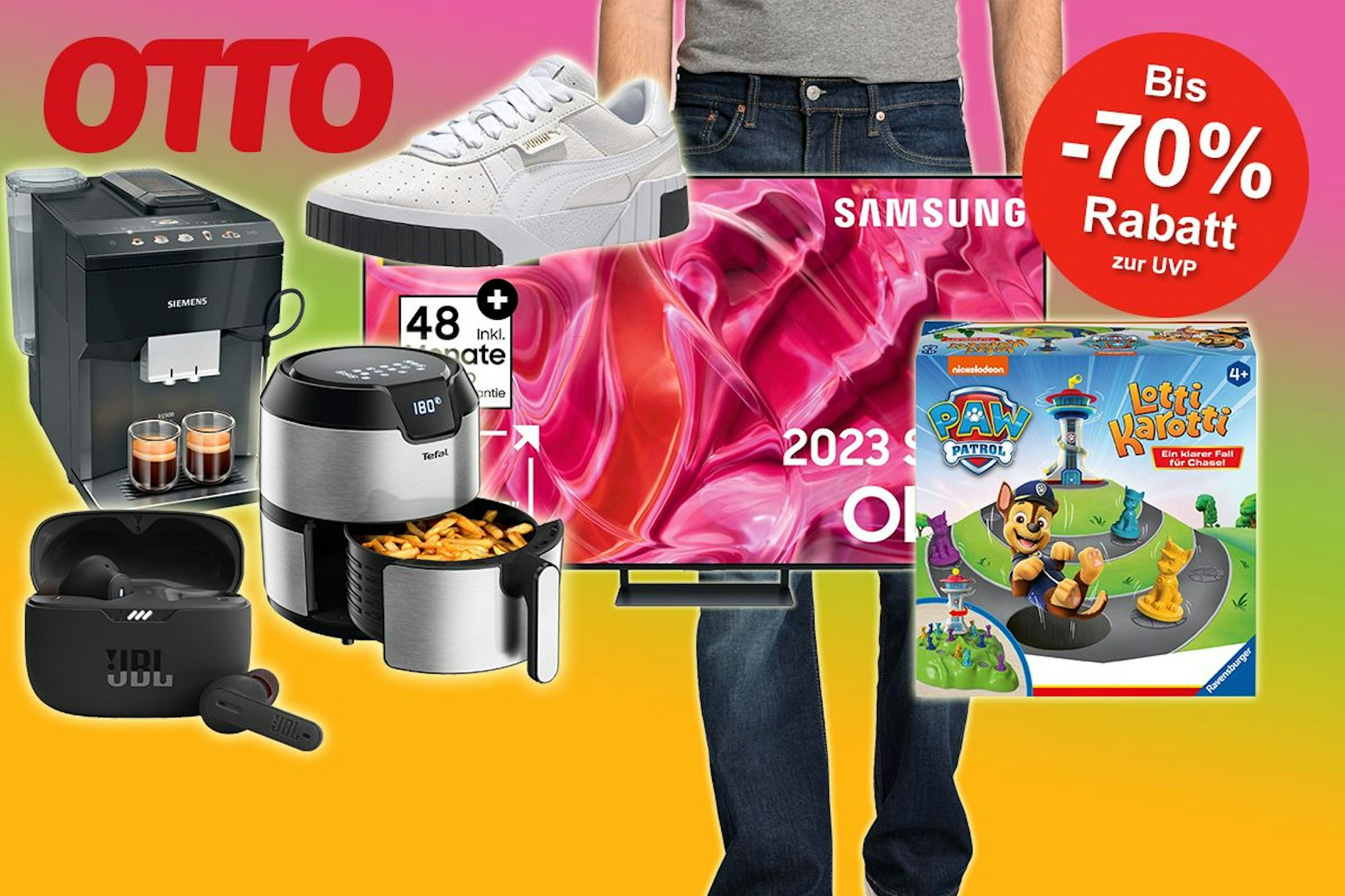 Verschiedene Produkte wie Tefal Airfryer, Siemens Kaffeemaschine, Samsung Fernseher und Puma Sneaker vor einem Hintergrund mit Farbverlauf in pink, grün und gelb.