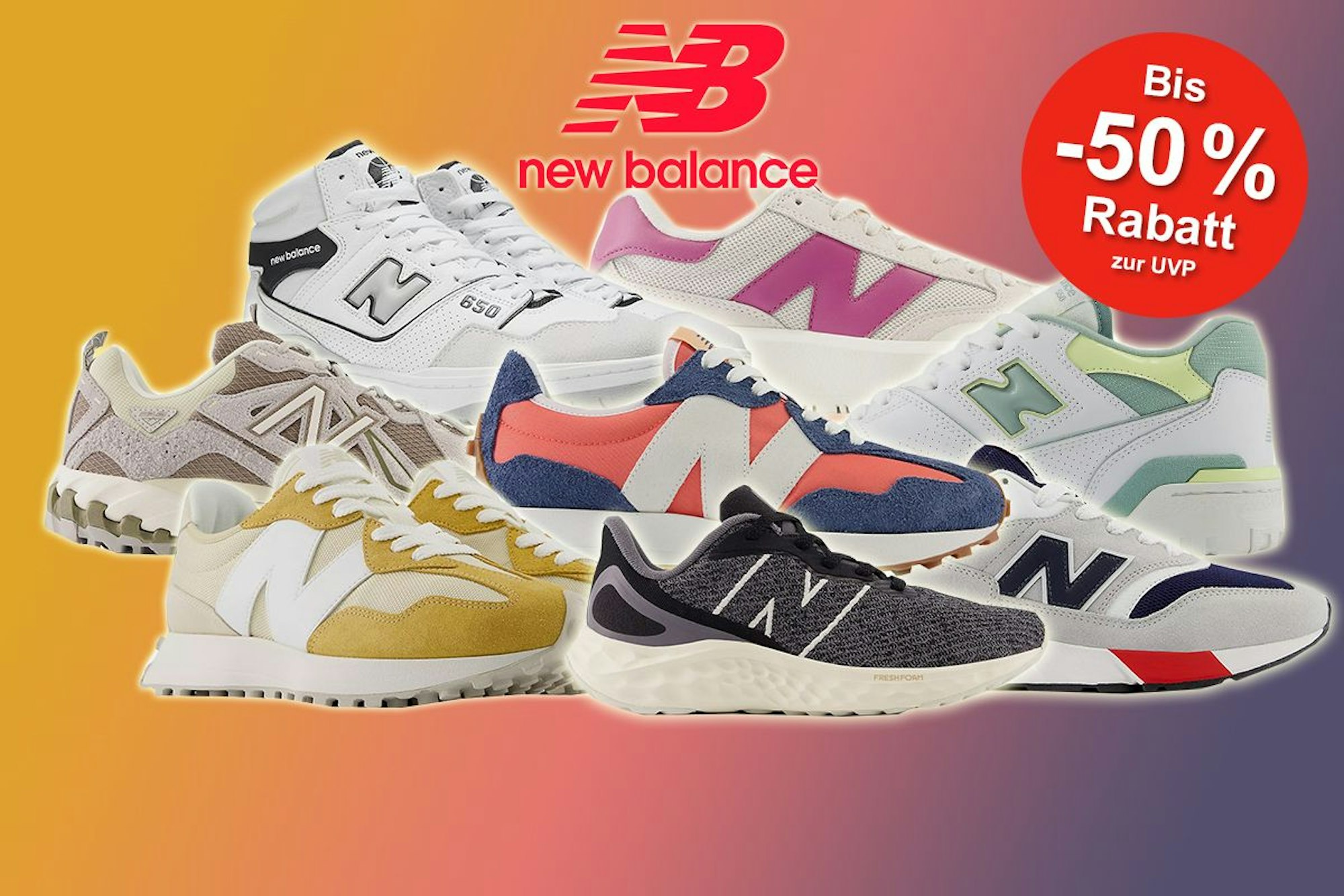 Auf dem Bild sind unterschiedliche Modelle der Marke New Balance zu sehen.