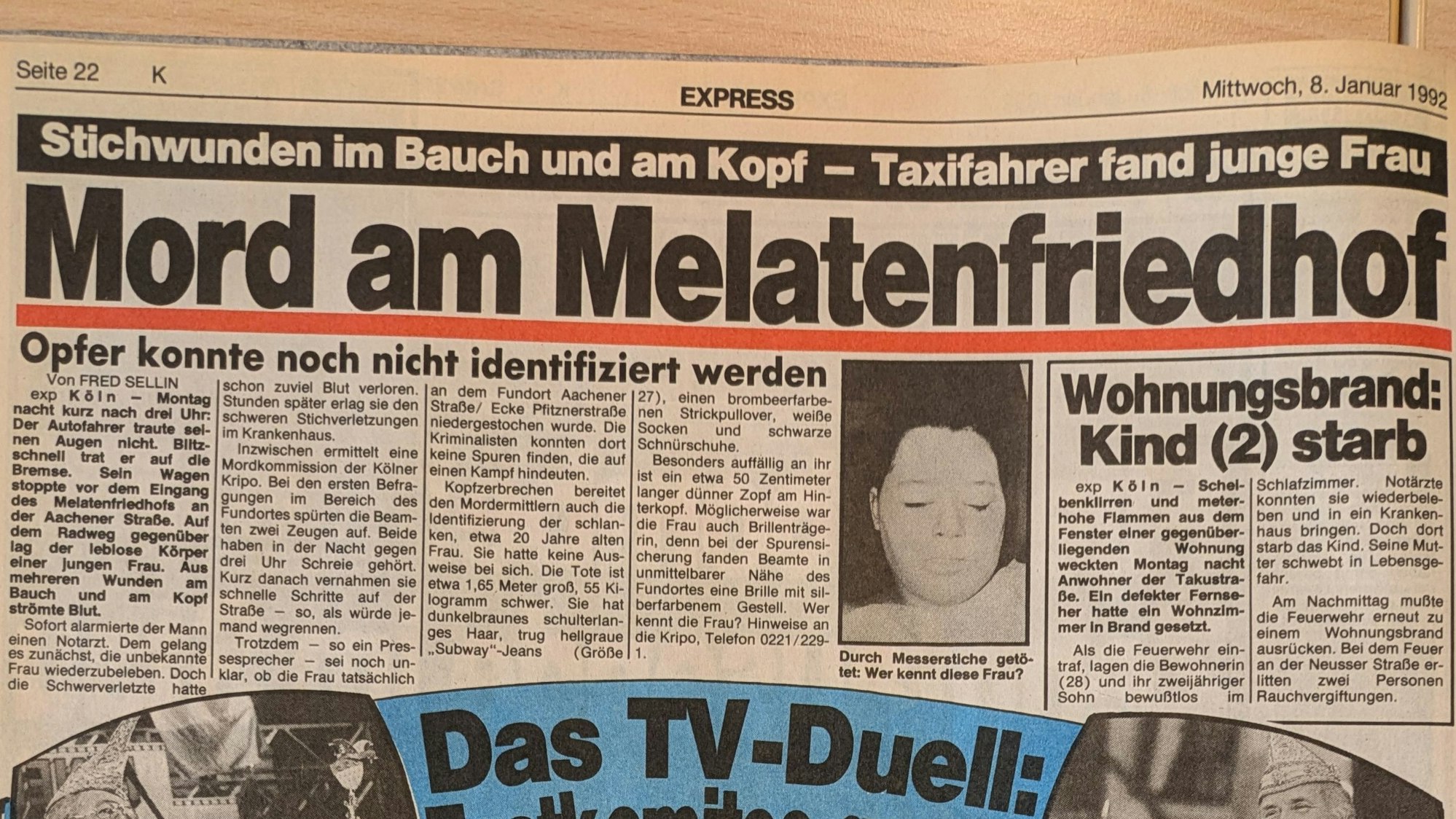 Ein Artikel im EXPRESS vom 8. Januar 1992 ist mit „Mord am Melatenfriedhof“ überschrieben und zeigt ein Foto des bis dahin nicht identifizierten Opfers.