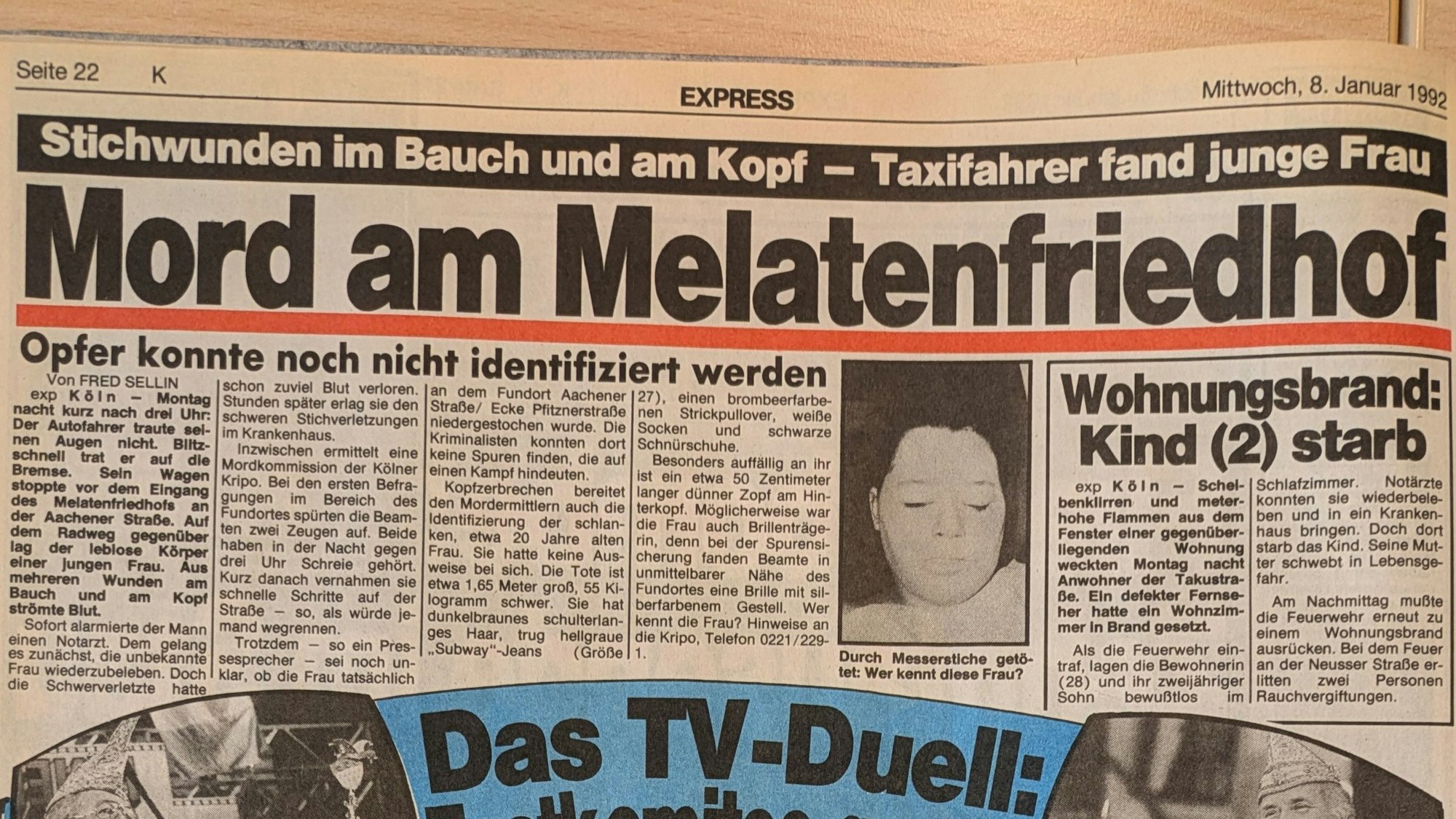Ein Artikel im EXPRESS vom 8. Januar 1992 ist mit „Mord am Melatenfriedhof“ überschrieben und zeigt ein Foto des bis dahin nicht identifizierten Opfers.
