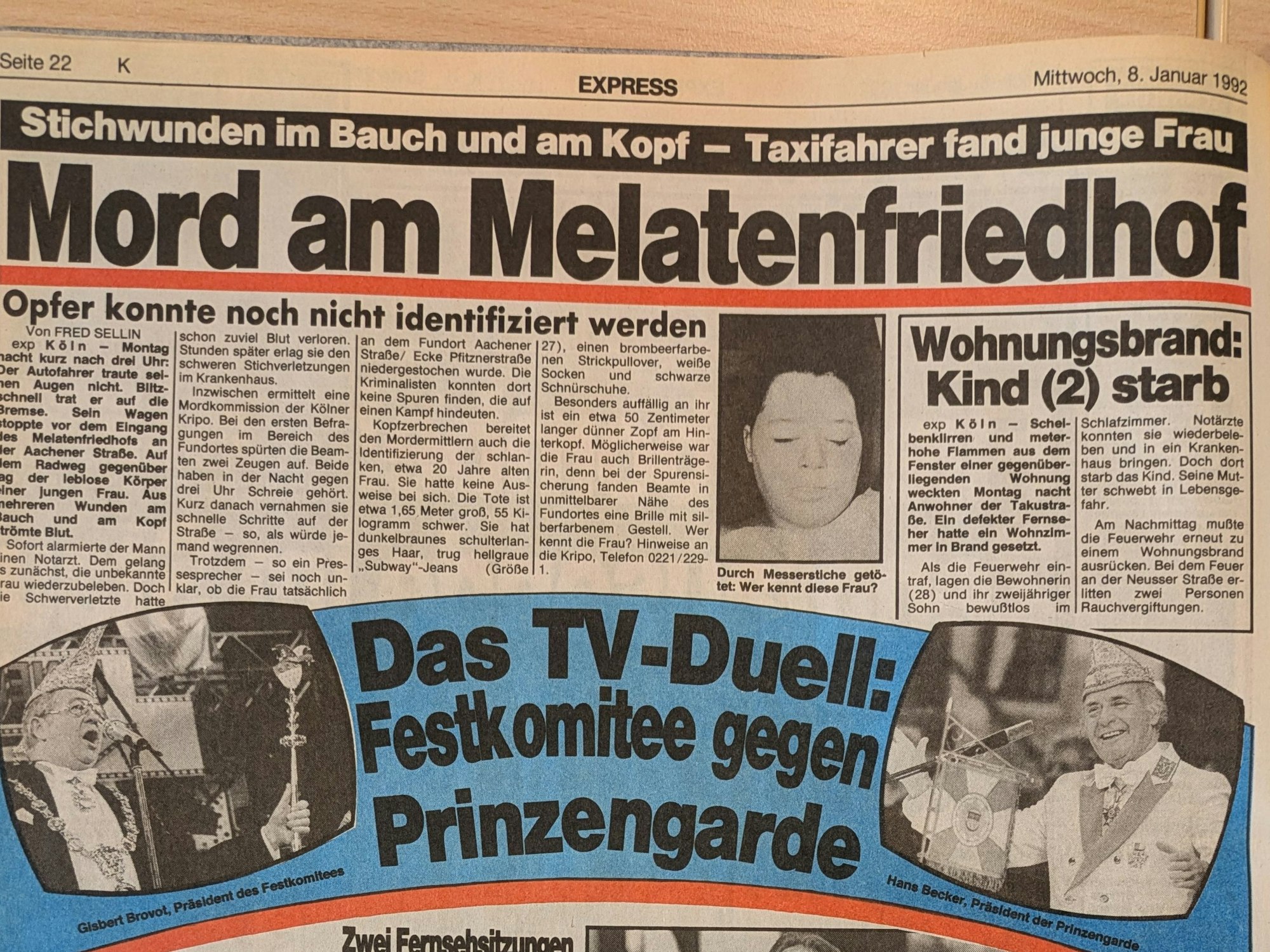 Ein Artikel im EXPRESS vom 8. Januar 1992 ist mit „Mord am Melatenfriedhof“ überschrieben und zeigt ein Foto des bis dahin nicht identifizierten Opfers.