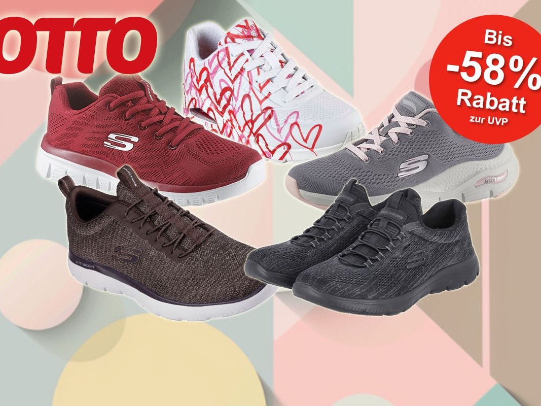 Auf dem Bild sind verschiedene Sneaker-Modelle der Marke Skechers angeordnet
