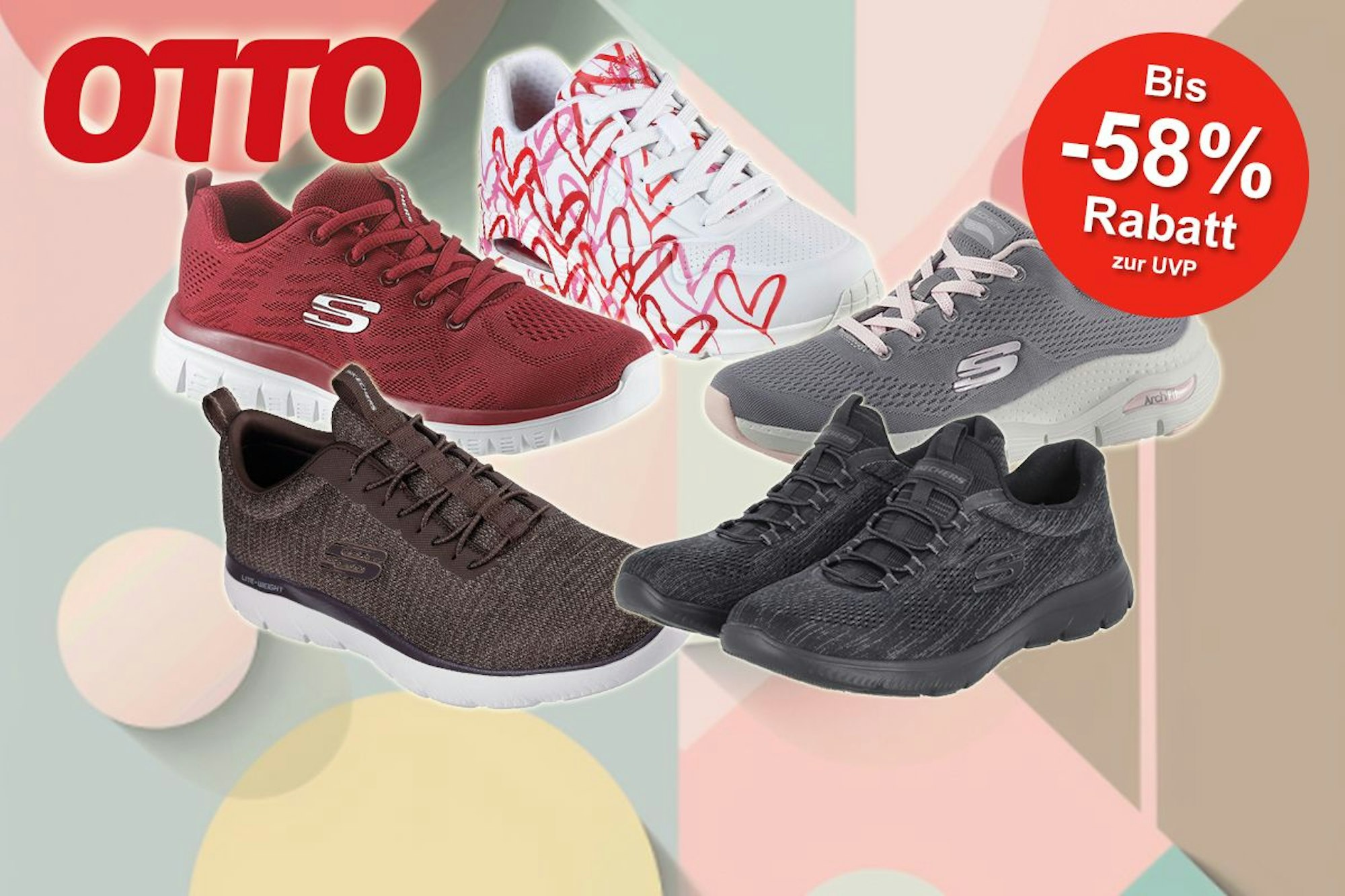 Auf dem Bild sind verschiedene Sneaker-Modelle der Marke Skechers angeordnet
