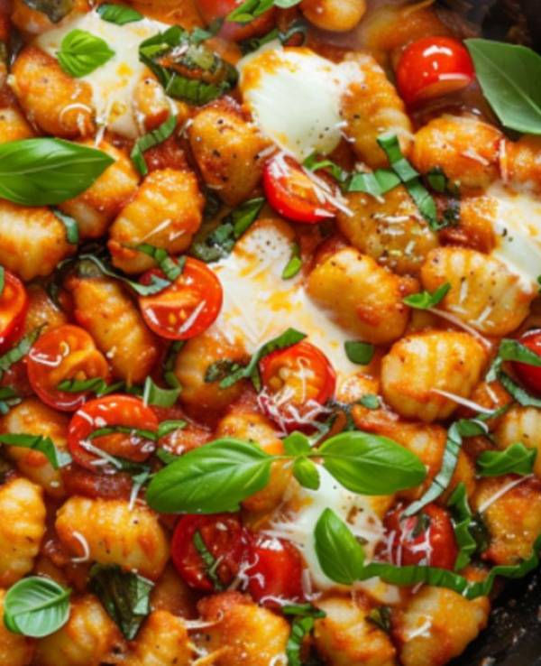 Auf dem Bild ist eine Pfanne mit Gnocchi, Tomaten, Mozzarella und Basilikum zu sehen.