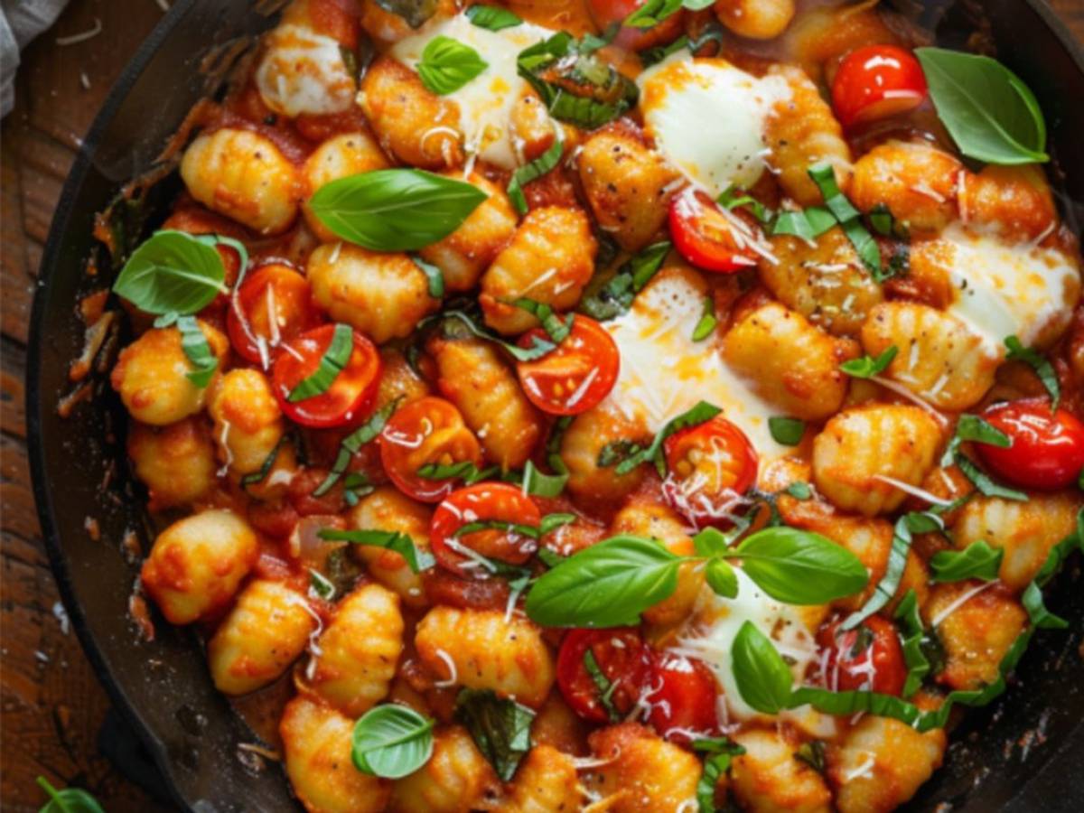 Auf dem Bild ist eine Pfanne mit Gnocchi, Tomaten, Mozzarella und Basilikum zu sehen.