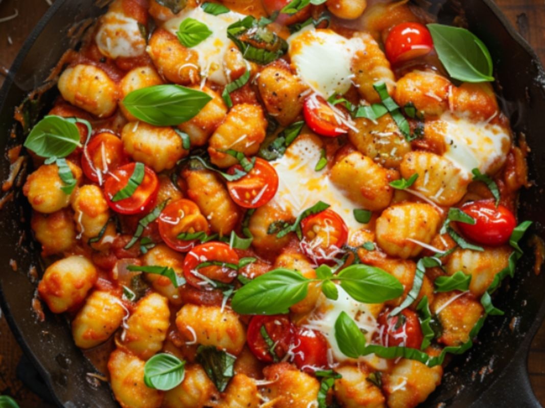Auf dem Bild ist eine Pfanne mit Gnocchi, Tomaten, Mozzarella und Basilikum zu sehen.
