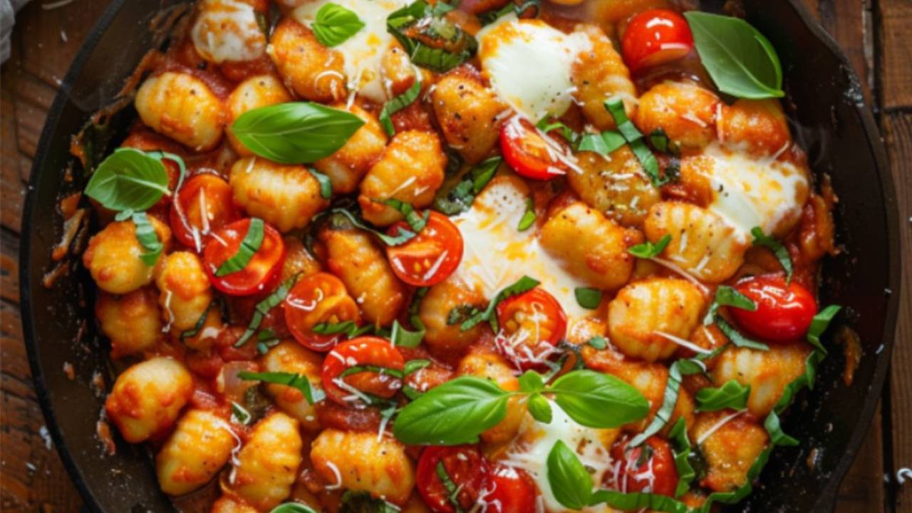 Auf dem Bild ist eine Pfanne mit Gnocchi, Tomaten, Mozzarella und Basilikum zu sehen.