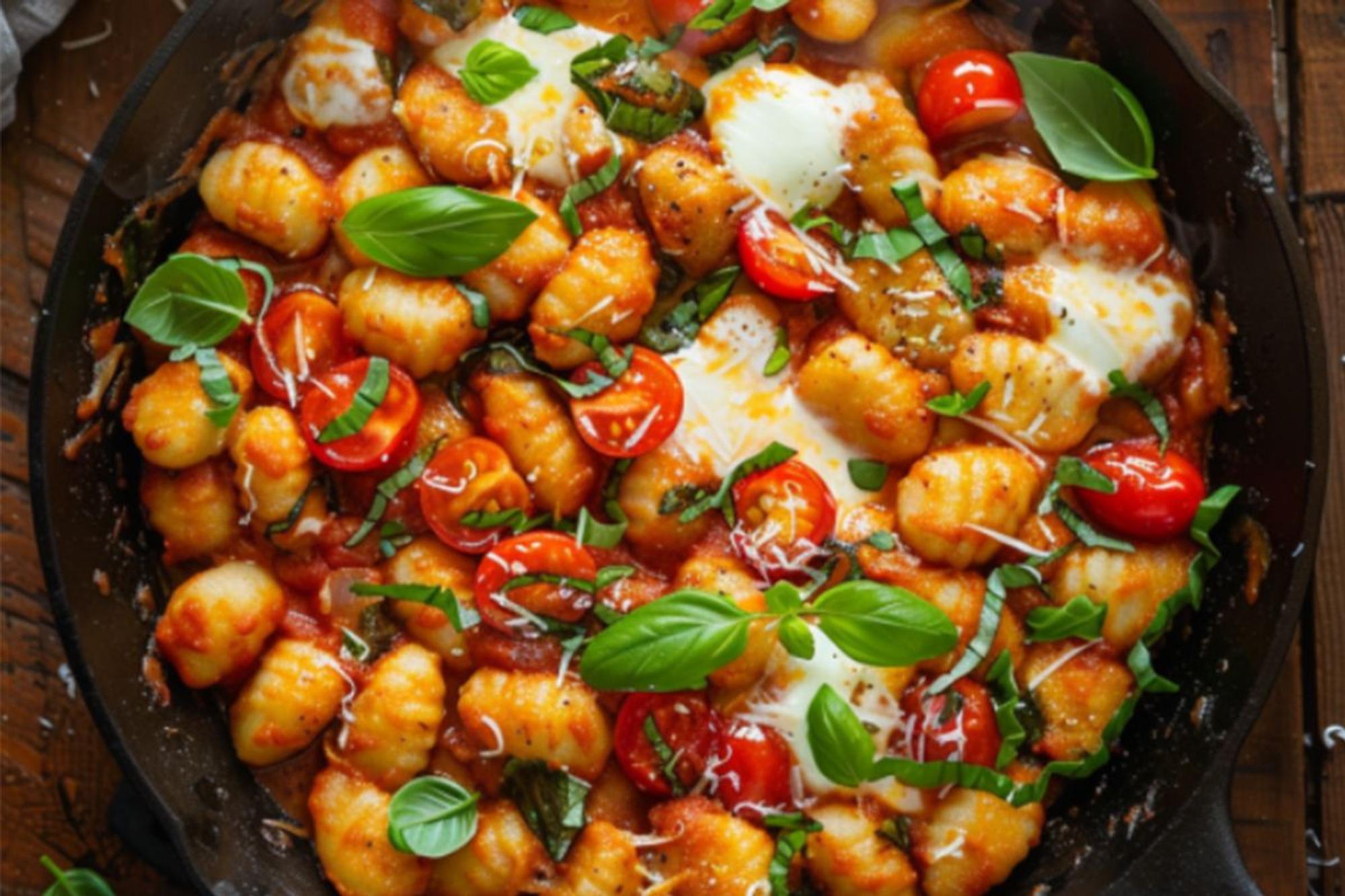 Auf dem Bild ist eine Pfanne mit Gnocchi, Tomaten, Mozzarella und Basilikum zu sehen.