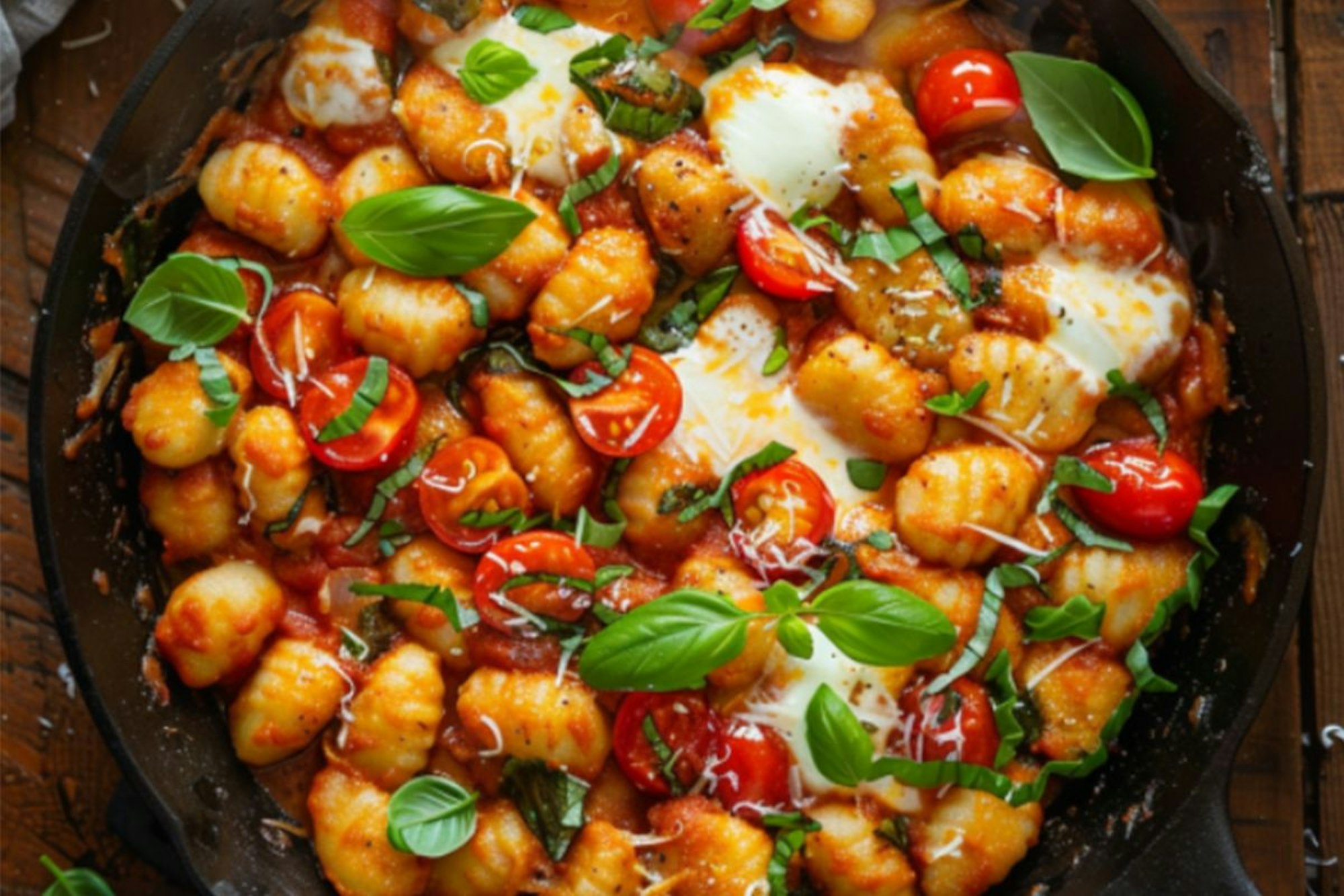 Auf dem Bild ist eine Pfanne mit Gnocchi, Tomaten, Mozzarella und Basilikum zu sehen.