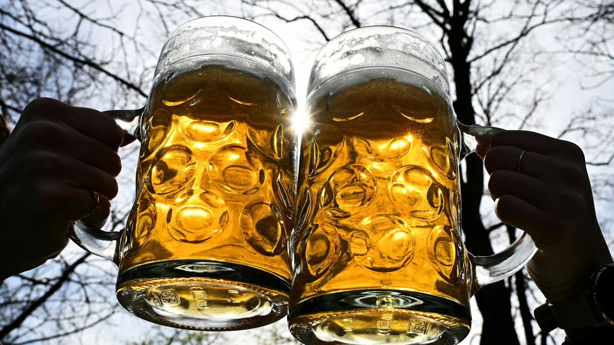 Ein junges Paar stößt im Englischen Garten am chinesischen Turm mit zwei vollen Maßkrügen an.