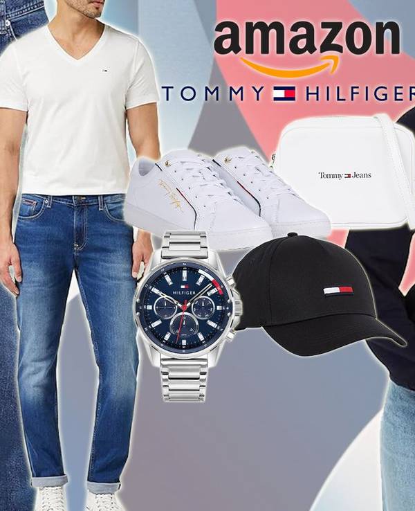 Tommy Hilfiger Produkte wie Jeans, Pullover, Shirts, Sneaker, Tasche und Uhr vor buntem Hintergrund.