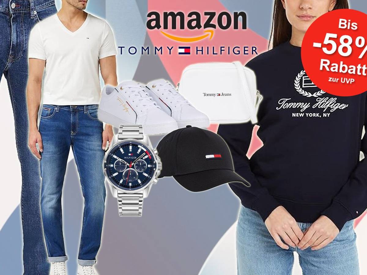Tommy Hilfiger Produkte wie Jeans, Pullover, Shirts, Sneaker, Tasche und Uhr vor buntem Hintergrund.