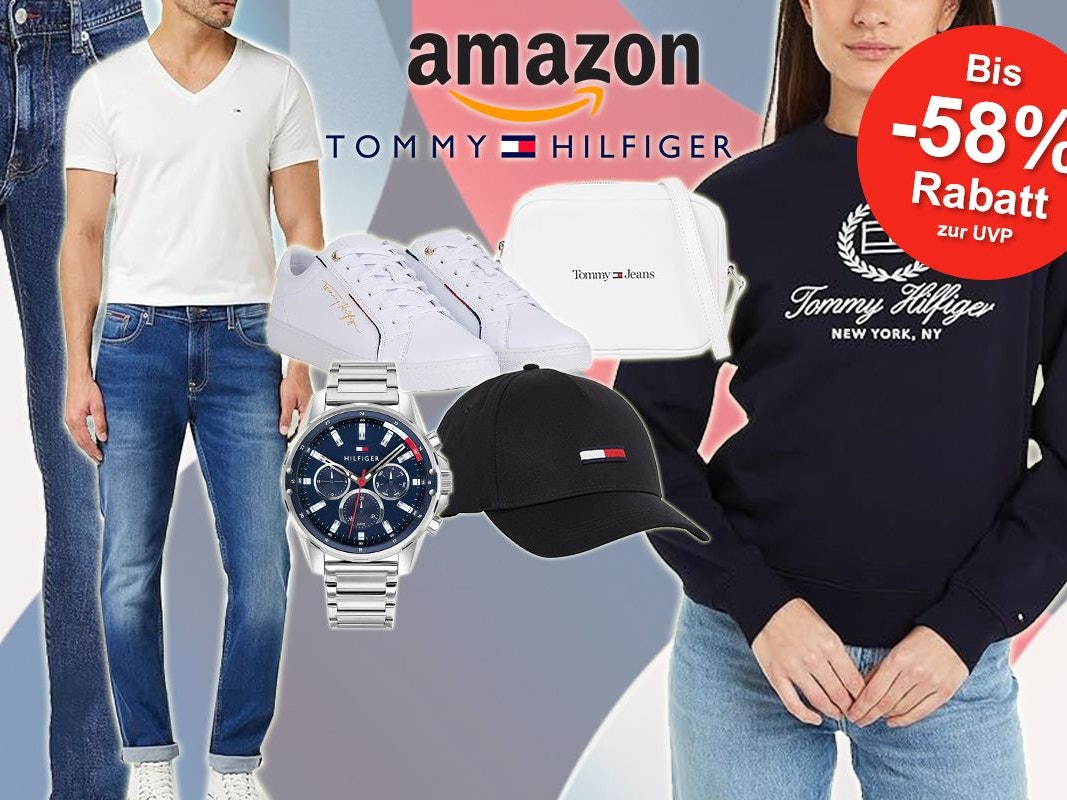 Tommy Hilfiger Produkte wie Jeans, Pullover, Shirts, Sneaker, Tasche und Uhr vor buntem Hintergrund.