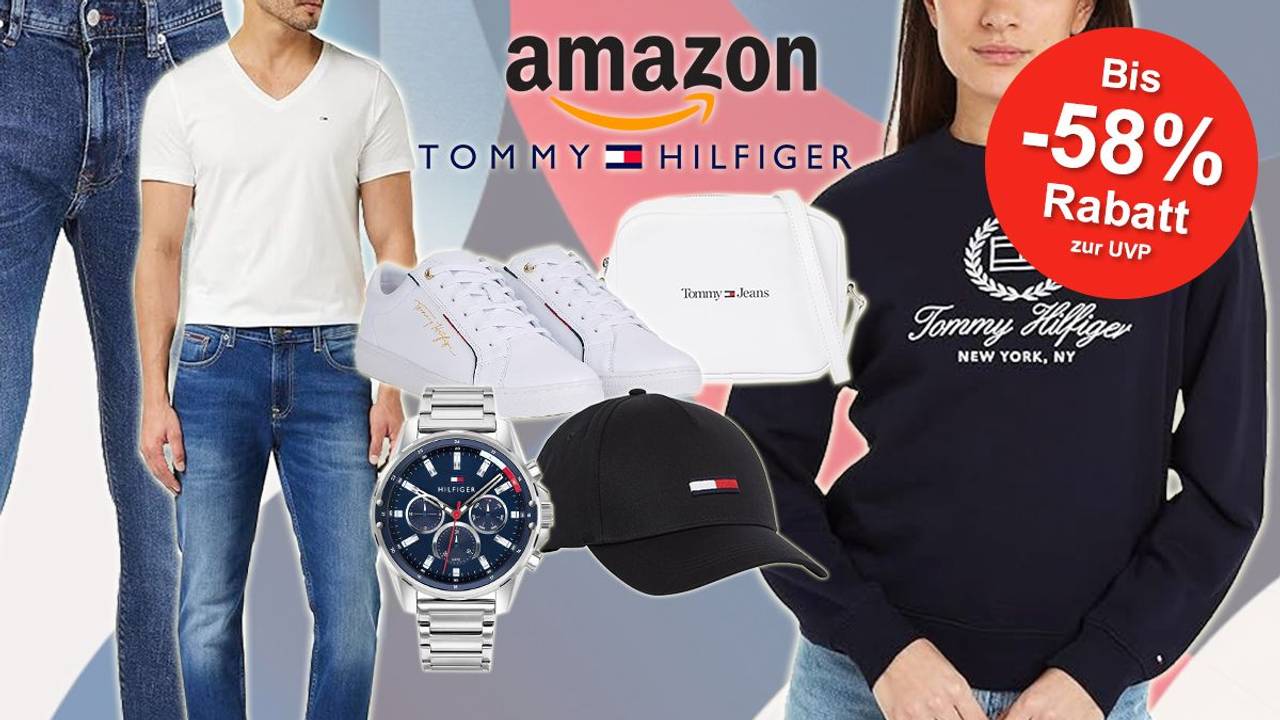 Tommy Hilfiger Produkte wie Jeans, Pullover, Shirts, Sneaker, Tasche und Uhr vor buntem Hintergrund.