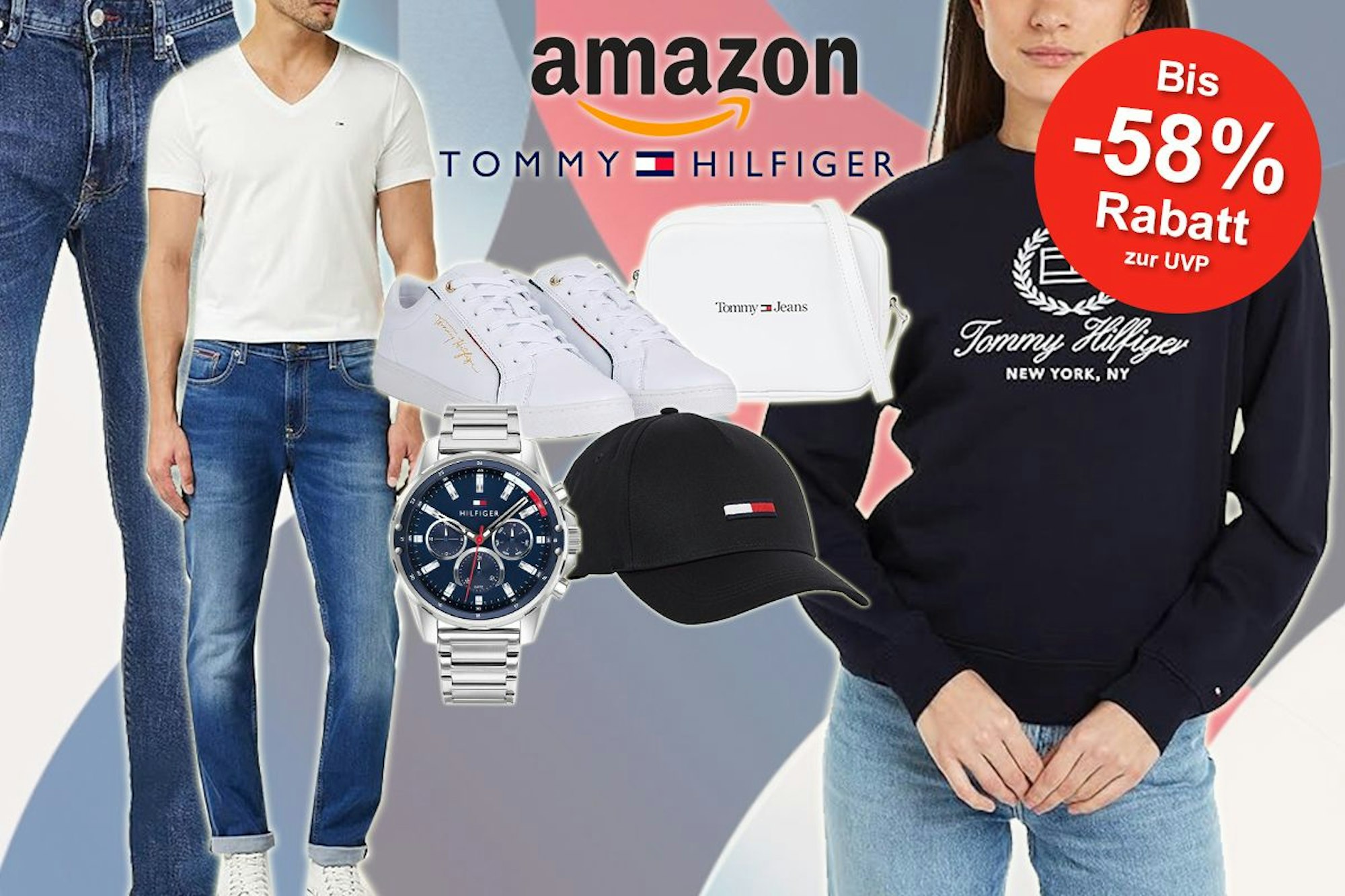 Tommy Hilfiger Produkte wie Jeans, Pullover, Shirts, Sneaker, Tasche und Uhr vor buntem Hintergrund.