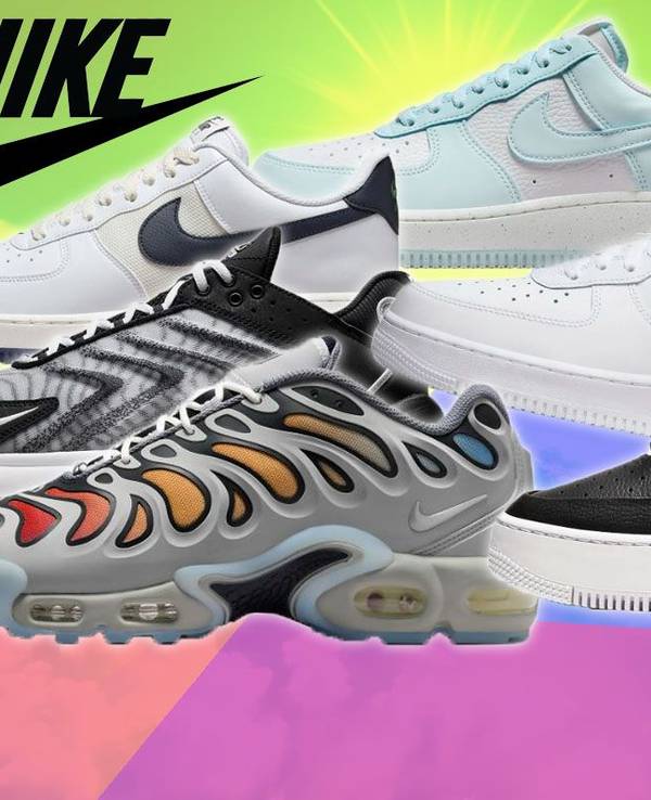 Nike Air Force 1 und Nike Air Max Schuhe, einige beliebte Modelle der Sneaker vor einem abstrakt eingefärbten Himmel in mehreren Farben.