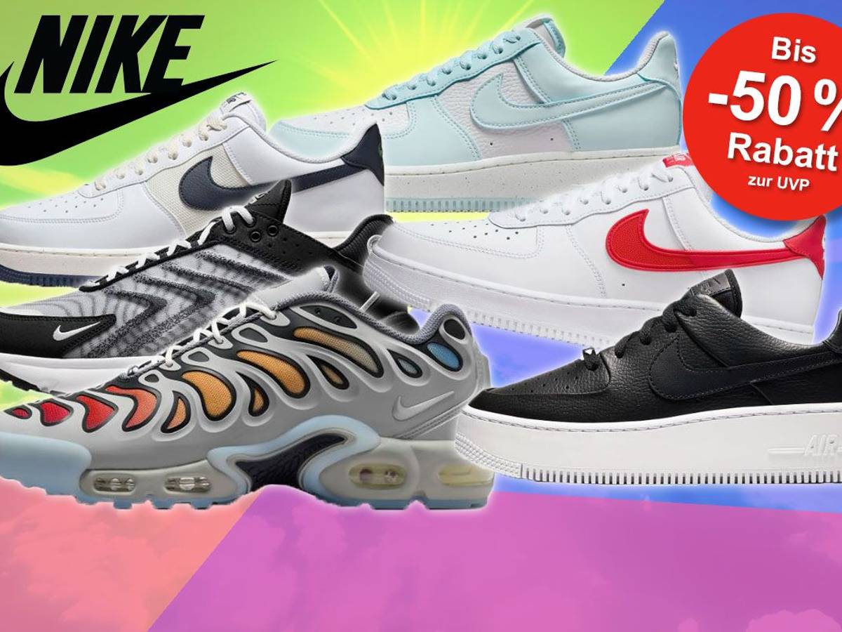 Nike Air Force 1 und Nike Air Max Schuhe, einige beliebte Modelle der Sneaker vor einem abstrakt eingefärbten Himmel in mehreren Farben.